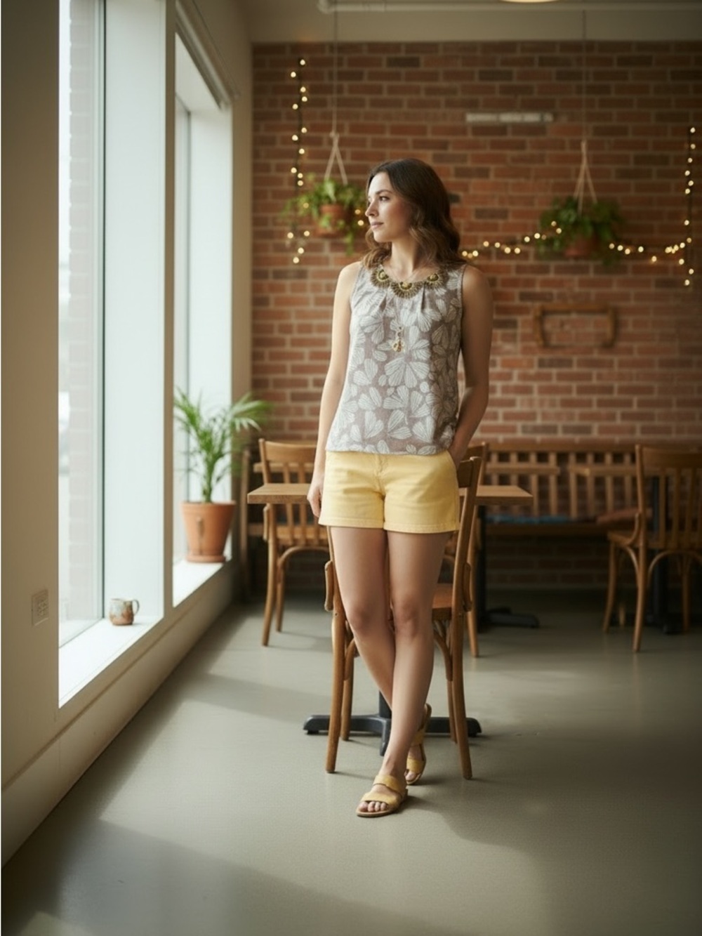 Boden Taupe Floral Sleeveless Top with Yellow Beaded Neckline - Picture 8 of 14
